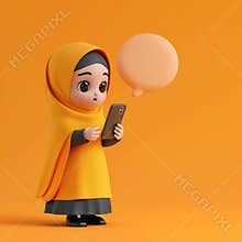 Muslim school girl character in hijab chatting on a mobile phone. With speech bubble near her head.