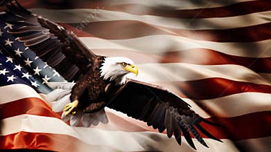 flying bald eagle on american flag. freedom and independence concept