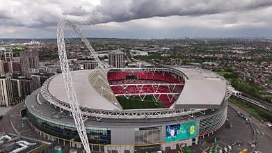 Wembley stadium London from above - aerial view over the famous Football stadium - LONDON, UNITED KINGDOM - MAY 27, 2024