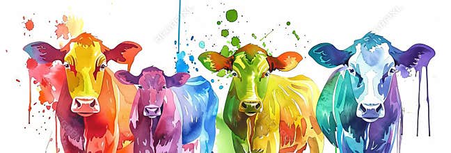 Colorful watercolor painting of cows in a row. Vibrant farm animals. Concept of agriculture, artistic expression, rural
