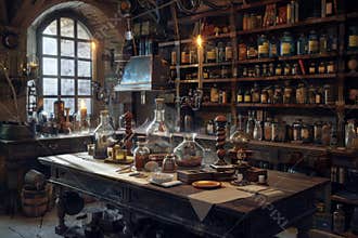 Mysterious alchemy lab with old books, glassware, and ancient equipment