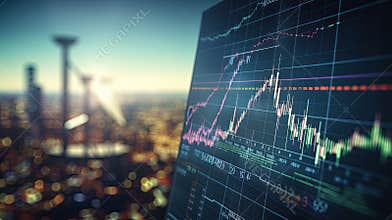 stock market charts blurred with a wind turbine in background