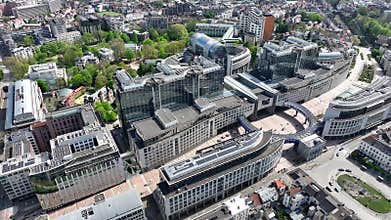 Aerial Drone View of European Parliament Building in Brussels, Capital of Belgium, EU