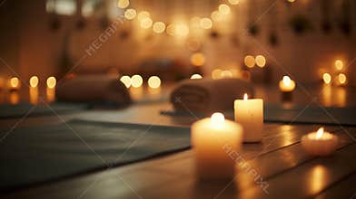 Defocused Yoga Room Candlelight Soft warm lights cast a gentle glow against a hazy background of stacked yoga mats tered