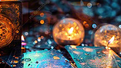 Witchcraft Ritual altar with Candles and Tarot cards . Magic Rituals of Walpurgis Night, Halloween or Equinox