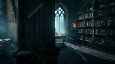 Dimly lit ancient library with shelves of old books and a glowing open book on a wooden table. Concept of ancient