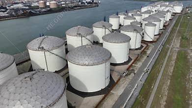 Aerial view of large petrochemical industry silos infrastructure and Oil Storage Tanks or Reservoirs.