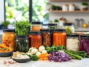 A vibrant kitchen counter with jars of colorful fermented foods like kimchi, sauerkraut, and kombucha, surrounded by fresh