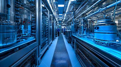 A high-tech biopharmaceutical manufacturing facility with bioreactors