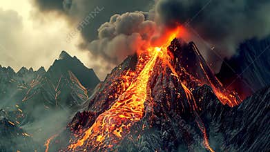 Erupting volcano with flowing lava and smoke, dramatic landscape. Natural disaster and geological phenomenon concept