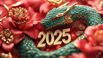 Green snake symbol: Text 2025 featuring Green Tree Snake, representing strength, wisdom for Chinese New Year