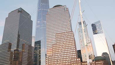 New York City skyline from ferry boat. Manhattan downtown, World Trade Center, Hudson river, USA.