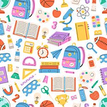 Seamless pattern with school supplies, stationery. Education. Back to school concept. Vector illustration in flat style