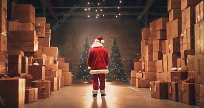 Christmas gift delivery Santa Claus walking in shop warehouse storage full of cardboard present boxes slow motion