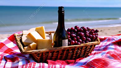 Picnic basket with fruit, cheese and wine on beach by sea