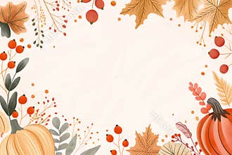 Watercolor illustration of an autumn background with a pumpkin and colorful fall leaves