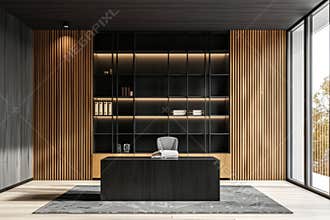 A three-dimensional rendering of a contemporary luxury office interior with a bookcase and other objects.