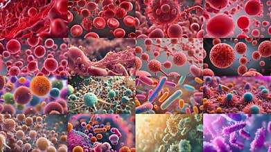 Diverse collection of microscopic images showcasing cells, bacteria, and viruses, highlighting microbiological science