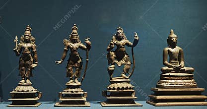 Old Ancient Bronze Figurines Of Indian Deities And Avatars. 10-19th Century Ce. Rama Avatara, Krishna Avatara, Buddha