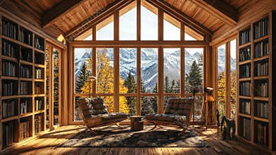 The background of this is a mountains bookshelf with windows of a virtual study room for webinar online presentations