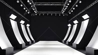 Empty catwalk with many spotlights, fashion event, runway podium stage