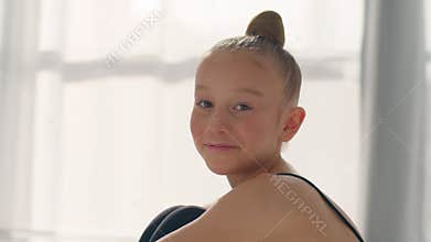 Caucasian kid little girl daughter pretty healthy smiling child orphan teenager sport gymnast dancer ballerina pupil