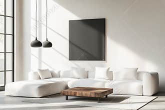 The interior design of modern living room in a loft. Concrete wall with poster frame opposite corner sofa.