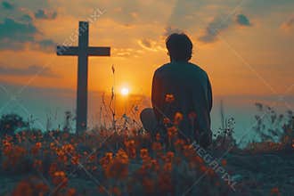 Catholic man praying devoutly near crucifix on hill, bowing in reverence before god