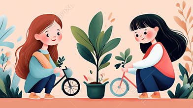 Two girls are planting a tree on their bikes, AI