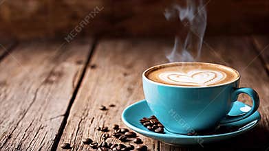 Steaming cup of cappuccino coffee in turquoise mug with heart-shaped latte art on wooden table