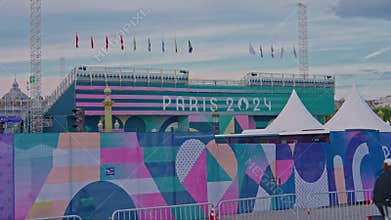Decorating Paris city with Olympic symbols and the 2024 Olympic colors and logos. Paris, France, 08 August 2024