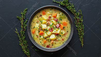 Delicious Vegetable Soup With Fresh Herbs On Dark Background
