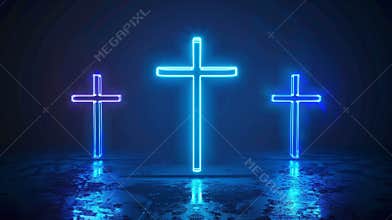 Neon crosses illuminated in a dark space during a religious event