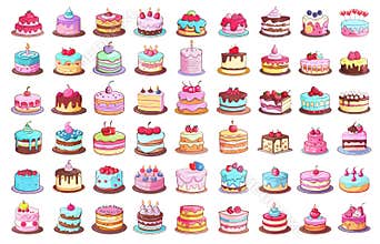 Cake set. Bakery cakes, birthday party dessert sweet food pastry with candle cream cupcake chocolate celebration