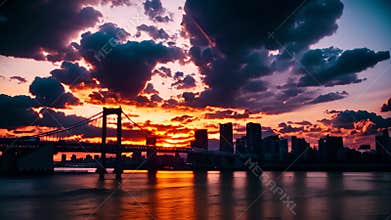 A picturesque sunset casts a warm glow over the Chicago skyline, showcasing a bridge in silhouette A city skyline with a striking