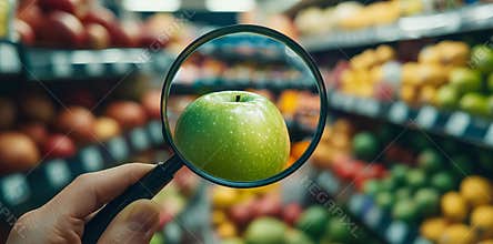 In this poster, a food safety inspector examines a fruit at a supermarket.