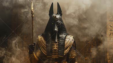 Anubis in ancient Egyptian attire within a misty temple at dusk