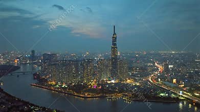 Aerial view of Ho Chi Minh City skyline and skyscrapers in center of heart business at Ho Chi Minh City downtown