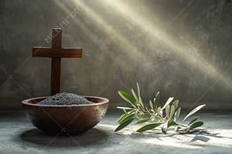 Religion, faith, liturgy, Ash Wednesday, Lent background. Brown wooden cross, ceremonial ash bowl and olive branch on