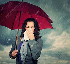 Sneezing Woman with Umbrella