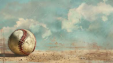 Baseball with fantasy dreamy background, vintage style banner