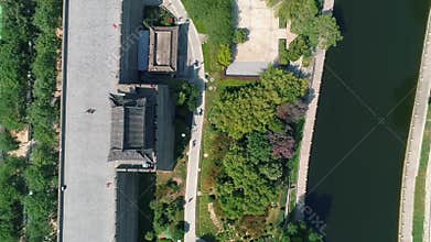 Aerial drone view of ancient city wall in Xian. Xian in China panorama from drone. Fortifications of Xian City Wall. Xian old town