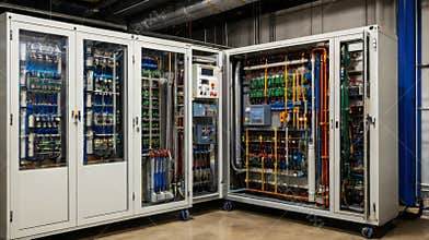 Electrical cabinet showing complex wiring and components in industrial setting