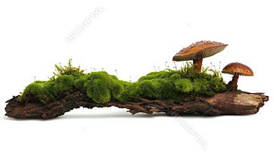 Moss-covered tree trunk with vibrant green plants and mushrooms. Brown and orange fungi grow on side of trunk. Light gray