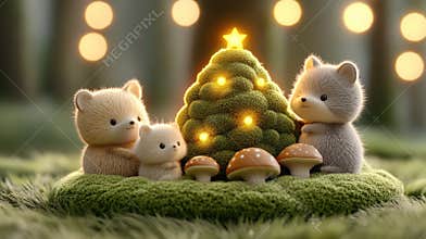 Adorable plush animals gather around a glowing tree in a magical forest setting, AI