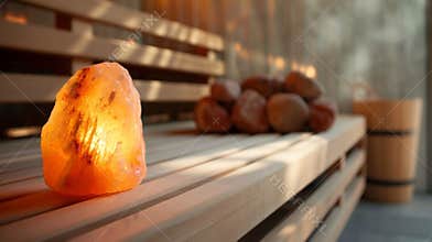 The soft glow of a Himalayan salt lamp adds to the calming and theutic environment of the sauna