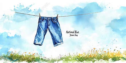 Watercolor style illustration of blue jeans hanging on a clothesline for National Blue Jeans Day.