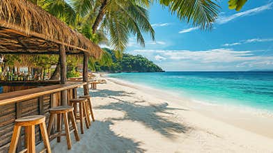 Tropical beach bar paradise with palm trees and turquoise waters