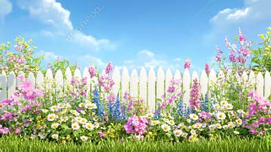 Springtime garden with colorful flowers in front of a white picket fence under a blue sky