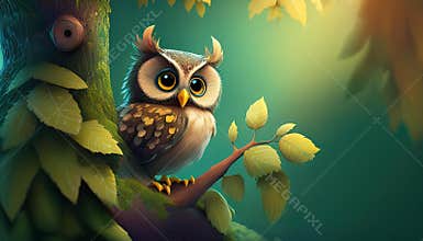 Owl in tree cartoon